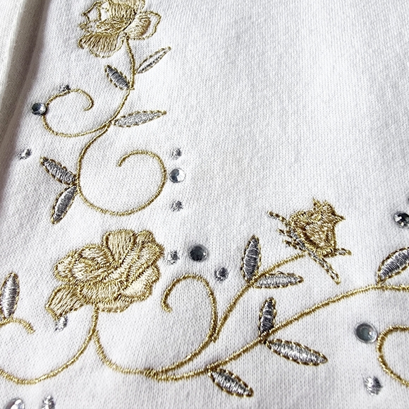 Bonnie Evans Vtg Fleece Lined Button Down Embroidered Roses Ivory Sweatshirt - Picture 7 of 10
